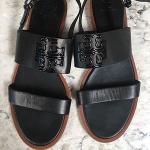 Tory Burch Melinda Leather Flat Logo Black Sandals